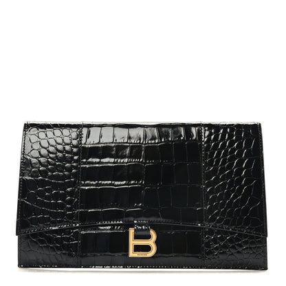 Balenciaga Shiny Calfskin Crocodile Embossed Hourglass Flap Flat Pouch Black 1 of 7