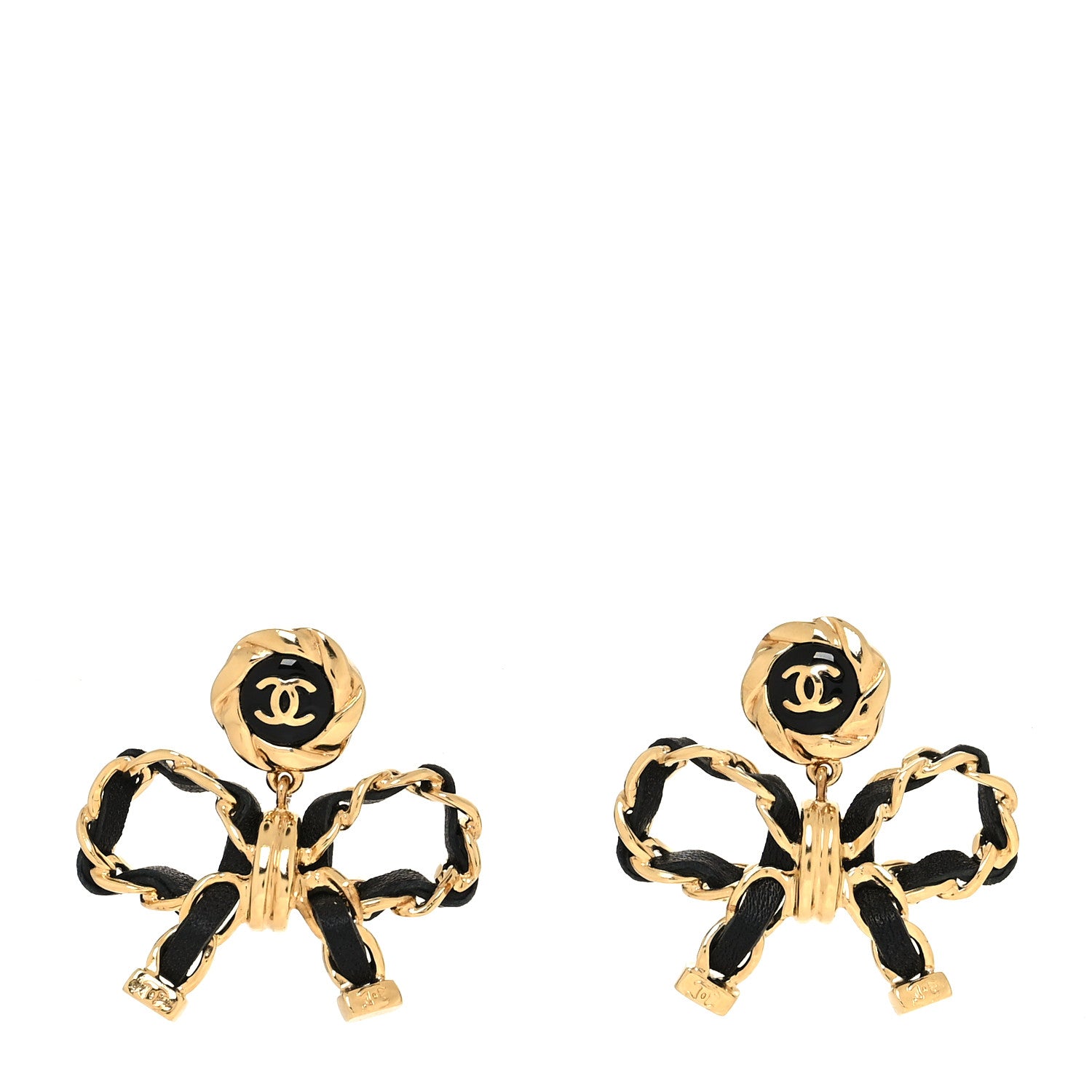 Chanel Lambskin Chain Bow Drop Earrings Black Gold 1 of 4