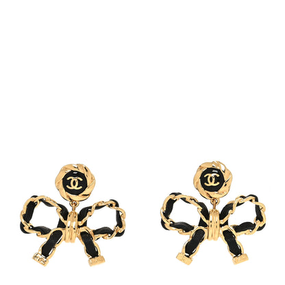 Chanel Lambskin Chain Bow Drop Earrings Black Gold 1 of 4