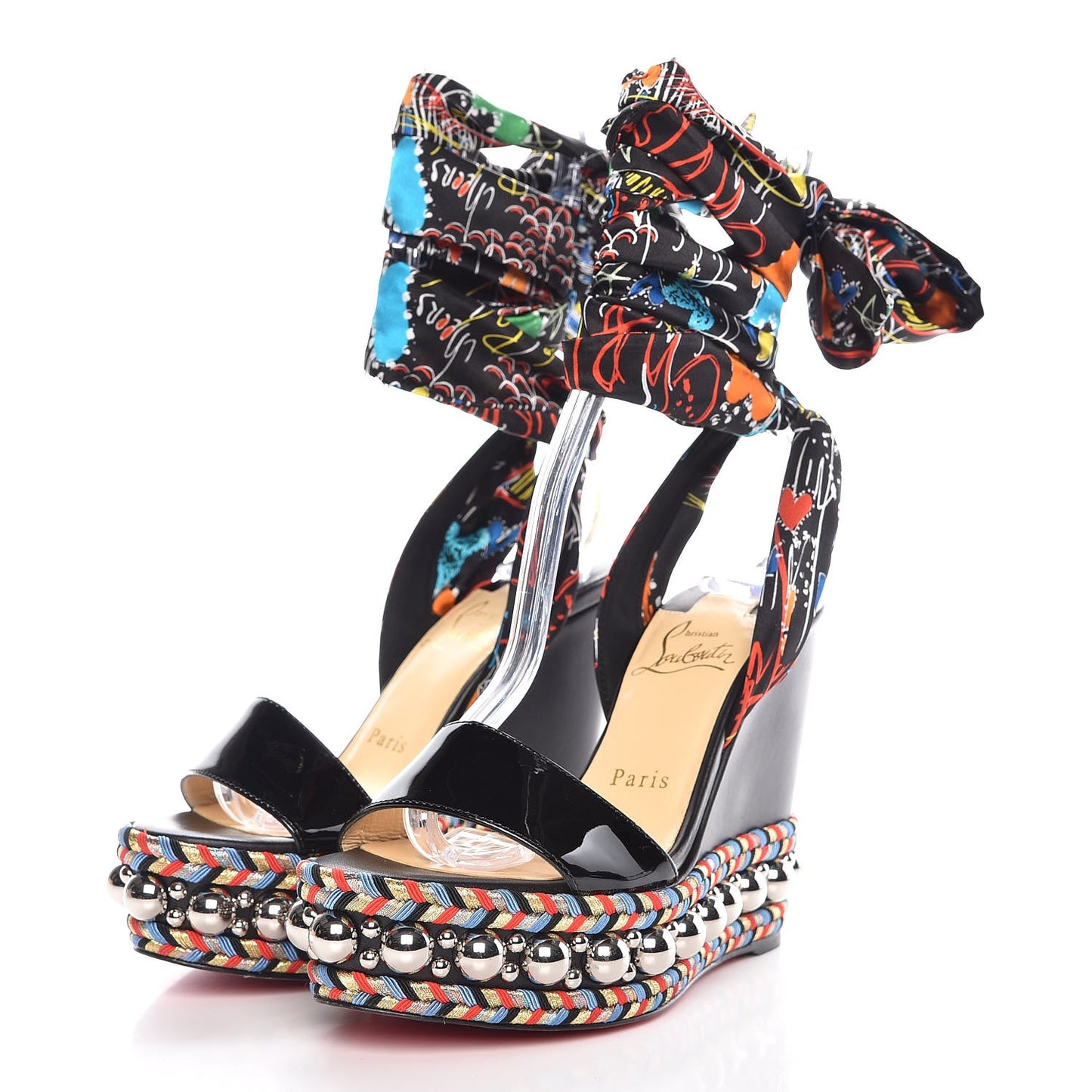 Patent Crepe Satin Loubitag Levantine 120 Wedge Sandals 36 Black