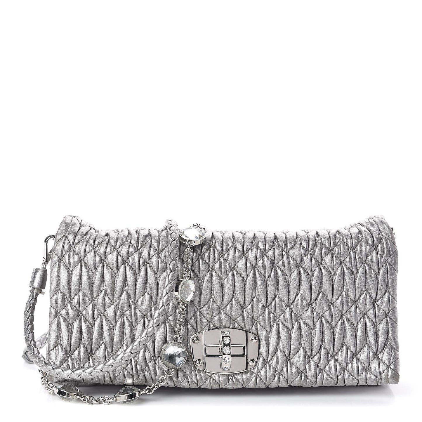 Metallic Nappa Matelasse Crystal Flap Clutch Cromo