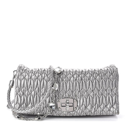 Miu Miu Metallic Nappa Matelasse Crystal Flap Clutch Cromo 1 of 10