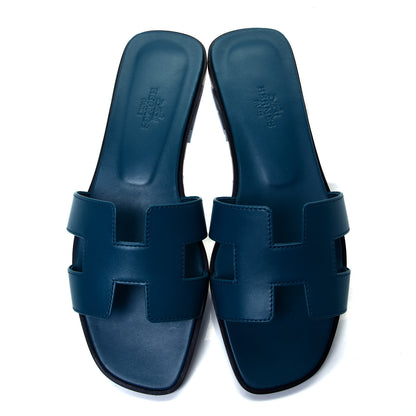 Hermes Calfskin Oran Sandals 37 Bleu Velvet 5 of 10