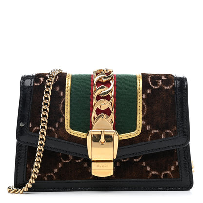 Gucci Velvet GG Monogram Web Super Mini Sylvie Chain Shoulder Bag Brown Black Oro Vecchio 1 of 4