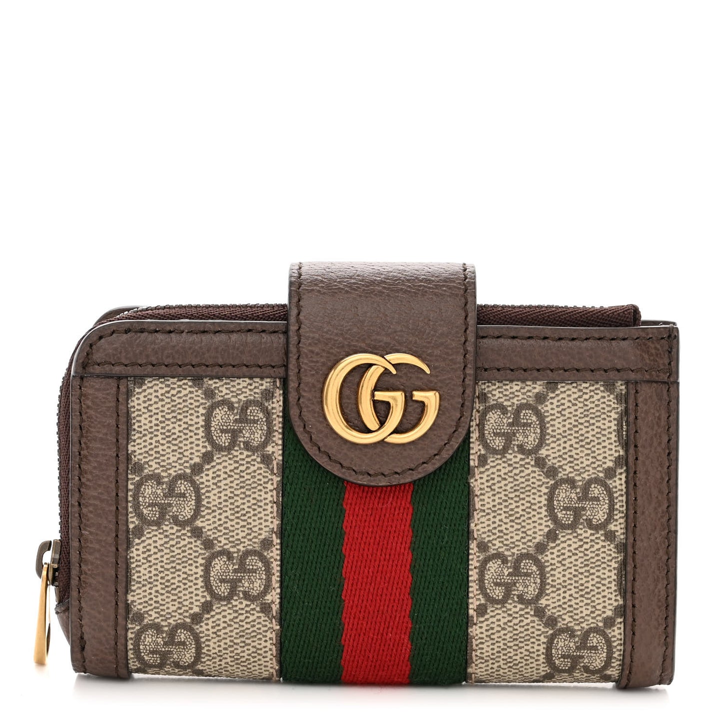 GG Supreme Monogram Textured Dollar Calfskin Web Ophidia Overlay Zip Around Card Case Wallet Beige Ebony New Acero