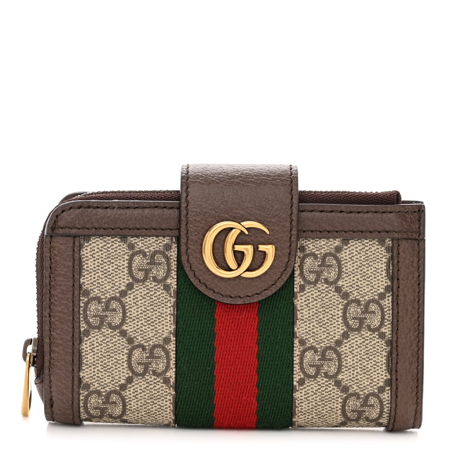 Gucci GG Supreme Monogram Textured Dollar Calfskin Web Ophidia Overlay Zip Around Card Case Wallet Beige Ebony New Acero 1 of 12