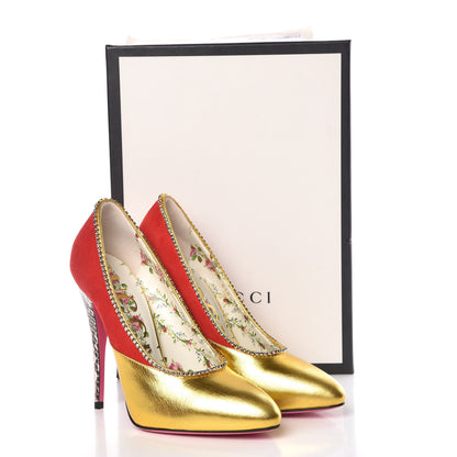 Gucci Metallic Nappa Kid Scamosciato Elaphe Snakeskin Peachy Pumps 38 Oro Red Roccia 11 of 11