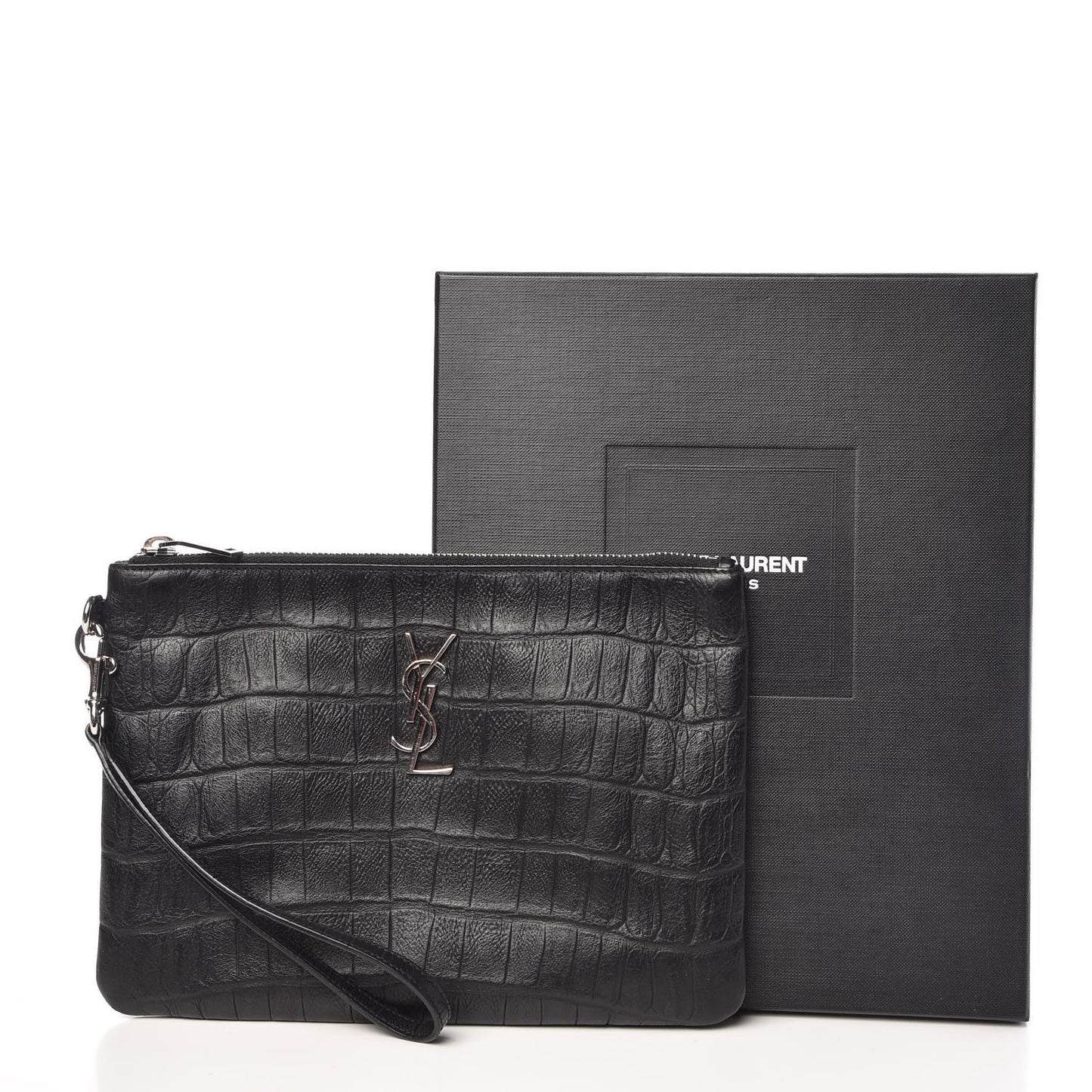 Calfskin Crocodile Embossed Monogram Zip Pouch Black