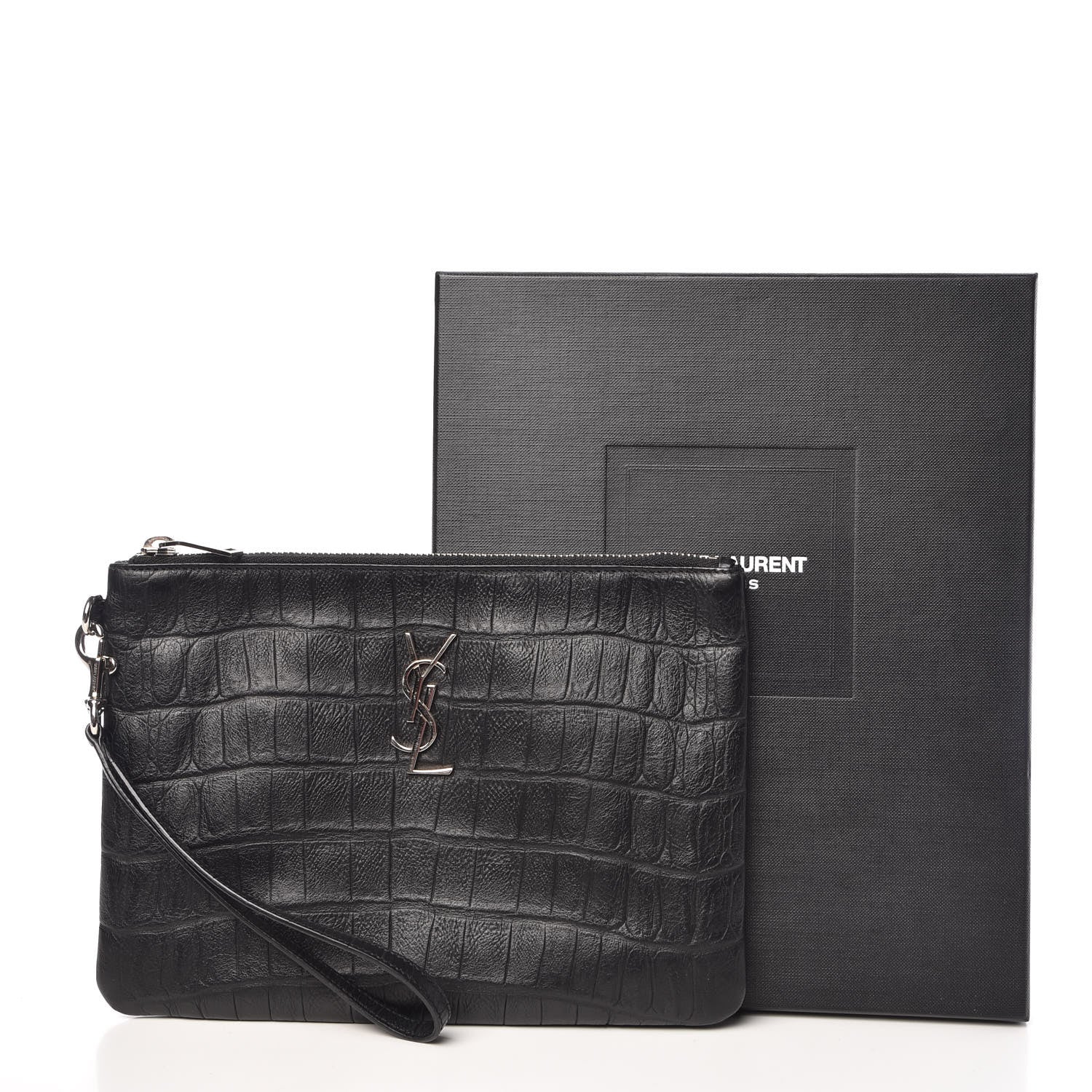 Saint Laurent Calfskin Crocodile Embossed Monogram Zip Pouch Black 8 of 8