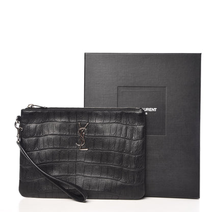 Saint Laurent Calfskin Crocodile Embossed Monogram Zip Pouch Black 8 of 8