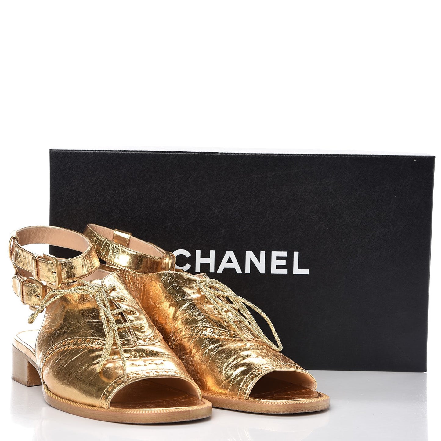 Metallic Calfskin CC Brogue Lace Up Ankle Strap Oxford Peep Toe Sandals 38 Gold