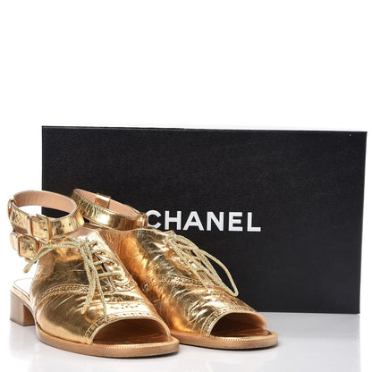 Chanel Metallic Calfskin CC Brogue Lace Up Ankle Strap Oxford Peep Toe Sandals 38 Gold 10 of 10
