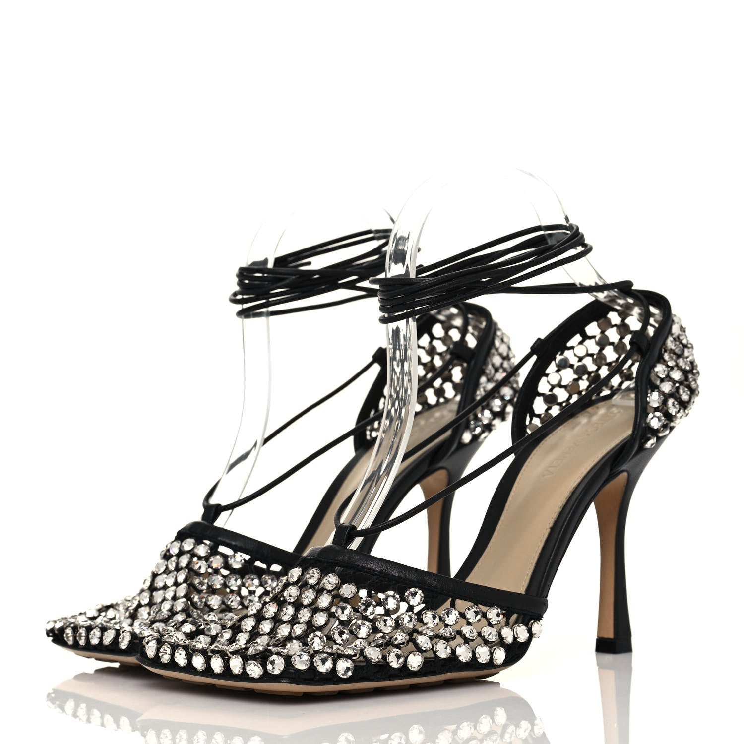 Bottega Veneta Mesh Nappa Crystal Embellished Sparkle Stretch Ankle Tie Sandals 40 Black 3 of 9