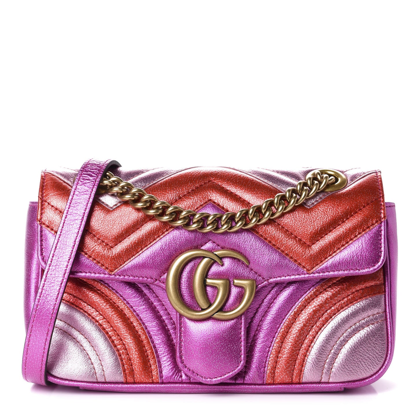 Metallic Calfskin Matelasse Mini GG Marmont Shoulder Bag Fuchsia