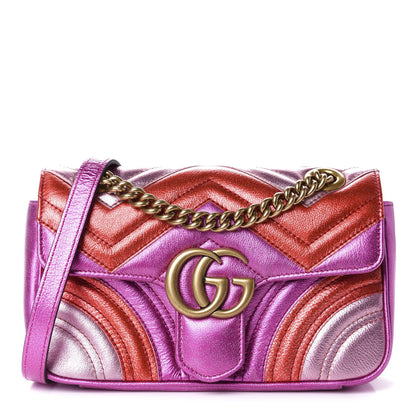 Gucci Metallic Calfskin Matelasse Mini GG Marmont Shoulder Bag Fuchsia 1 of 10