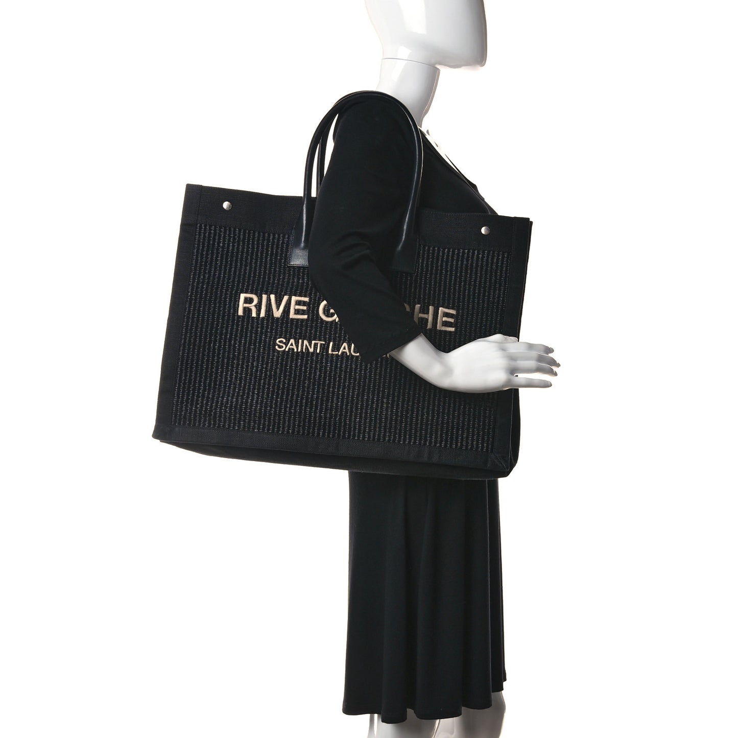 Raffia Linen Calfskin Rive Gauche Tote Black