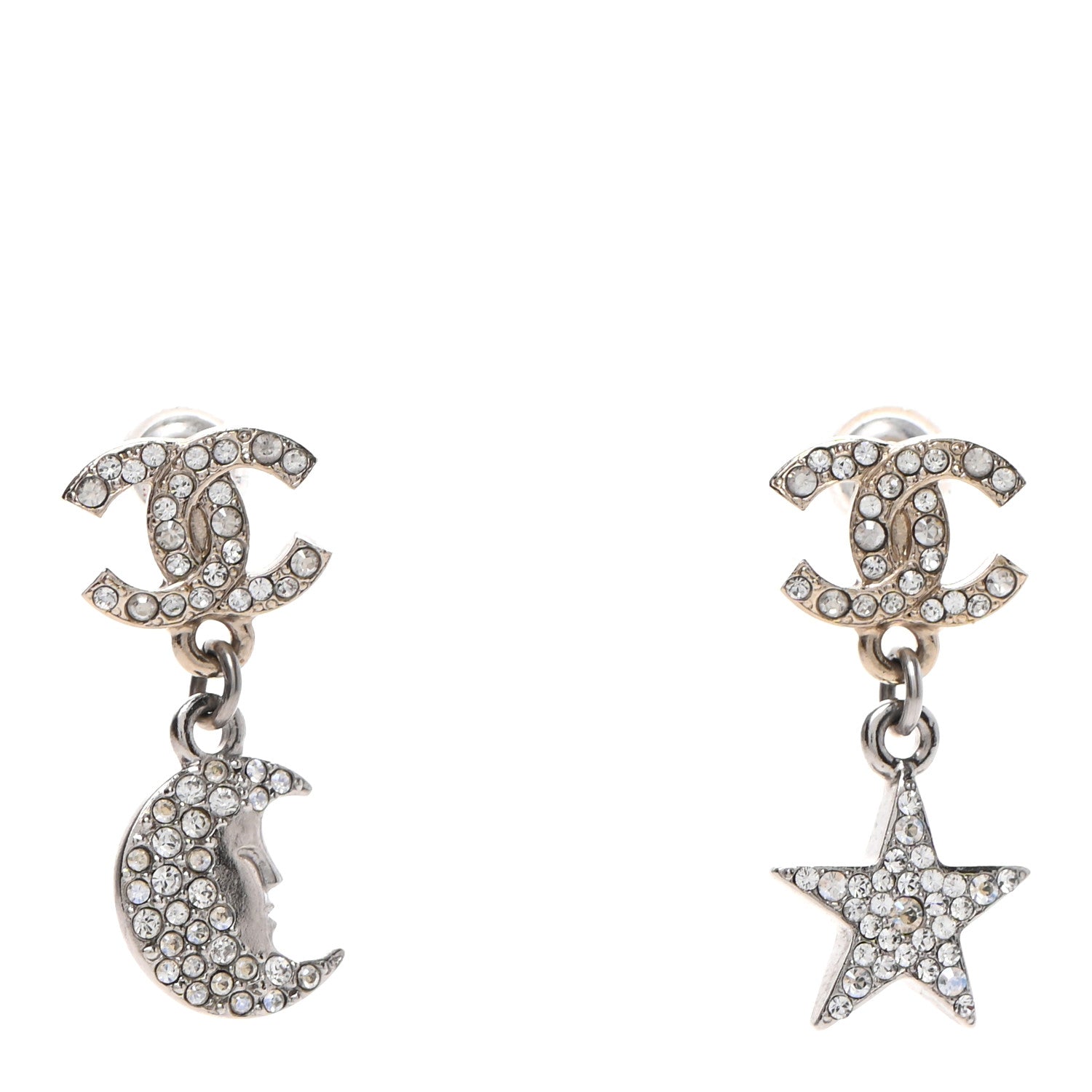 Chanel Ruthenium Crystal CC Star Moon Earrings Grey Gold 1 of 5