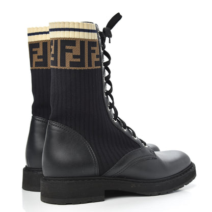 Fendi Calfskin Stretch Fabric Rockoko Biker Boots 37 Tobacco Black Marino 4 of 8