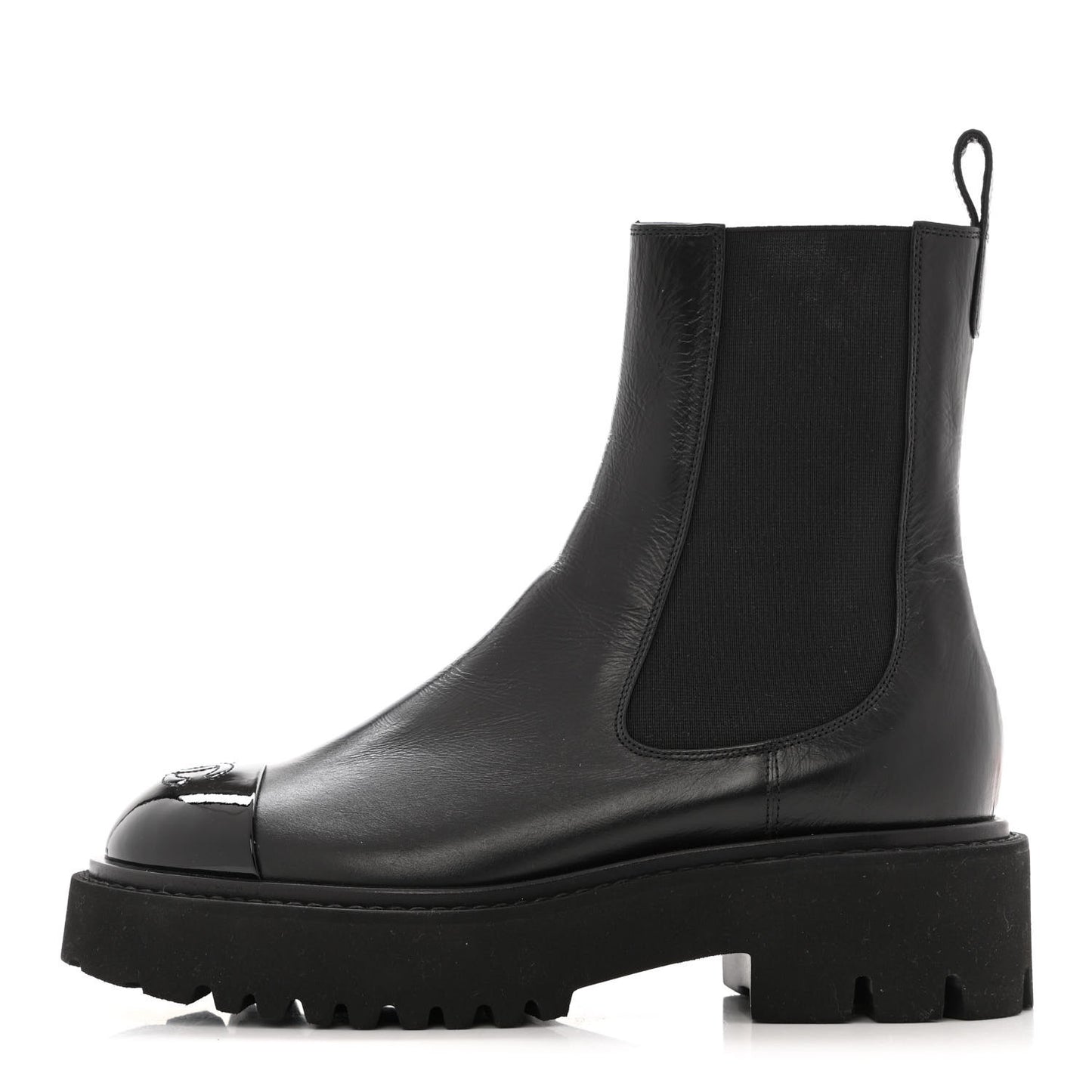 Crumpled Calfskin Patent Cap Toe Short Boots 36.5 Black