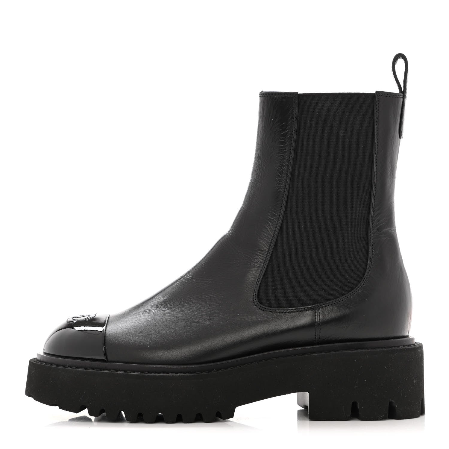 Chanel Crumpled Calfskin Patent Cap Toe Short Boots 36.5 Black 1 of 9