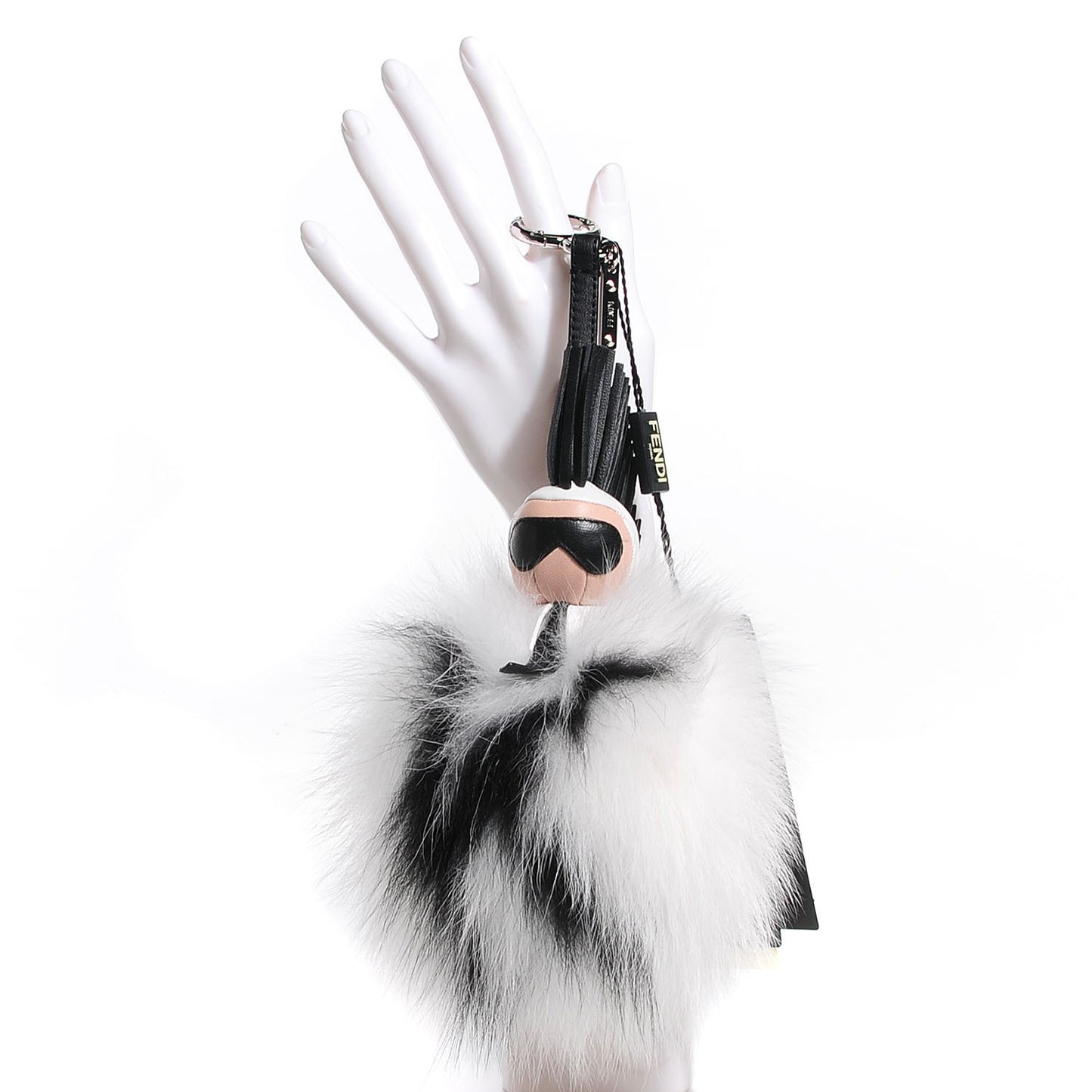 Lambskin Fox Fur Super Karlito Pom Pom Bag Charm Black White
