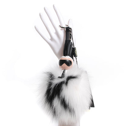 Fendi Lambskin Fox Fur Super Karlito Pom Pom Bag Charm Black White 2 of 7