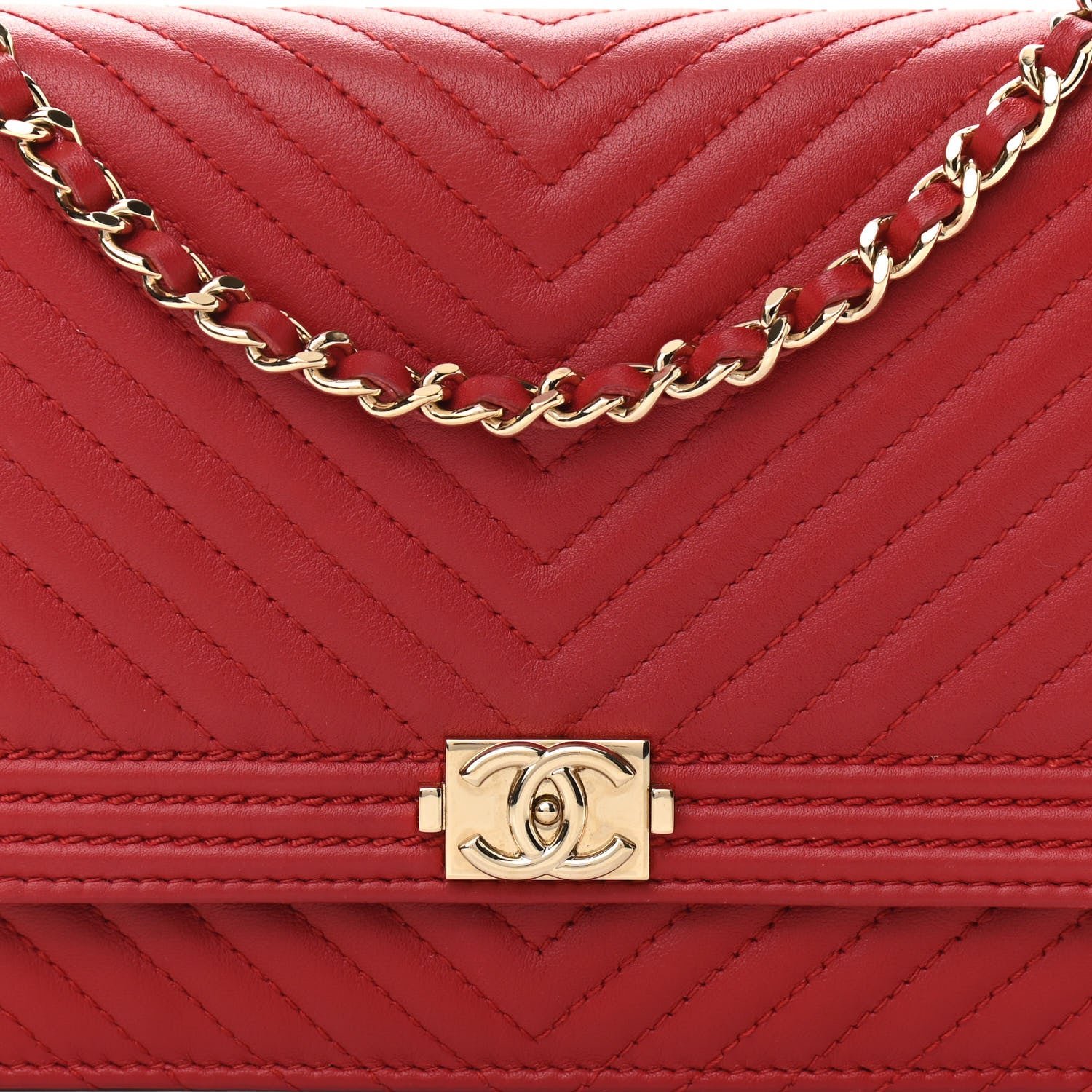 Chanel Calfskin Chevron Quilted Boy Wallet On Chain WOC Red 10 of 13