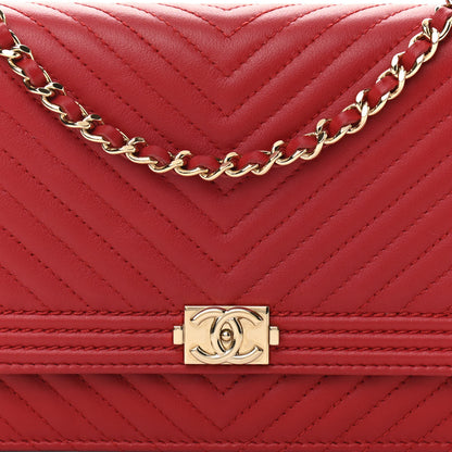 Chanel Calfskin Chevron Quilted Boy Wallet On Chain WOC Red 10 of 13