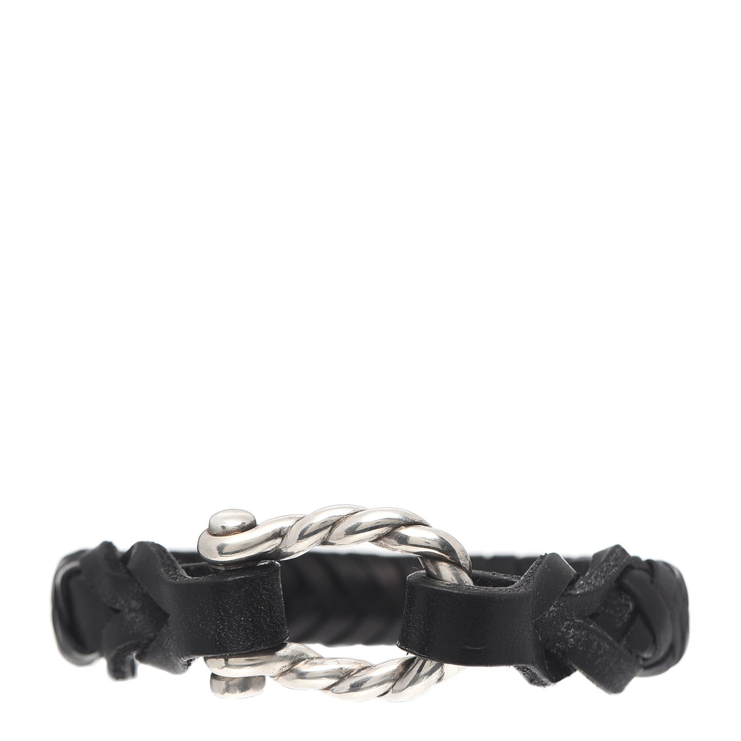 Sterling Silver Leather Mens Maritime Woven Shackle Bracelet Black