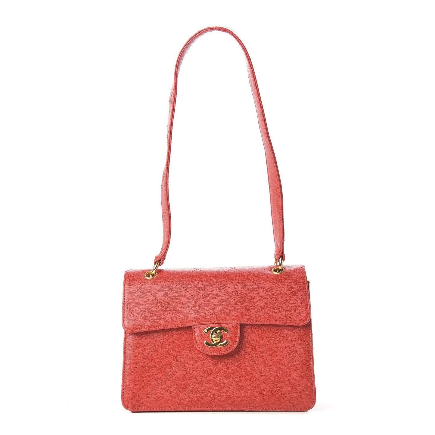 Caviar Stitched Flap Shoulder Bag Red