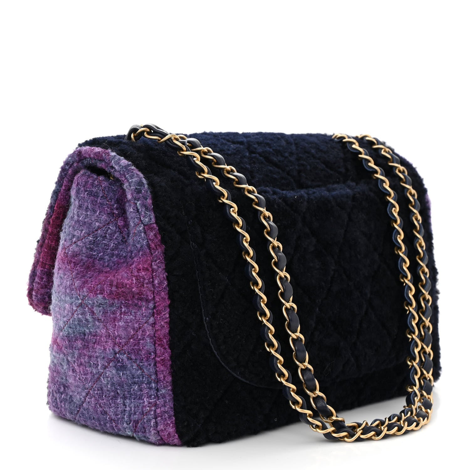 Chanel Shearling Tweed Jumbo Single Flap Navy Purple 3 of 10