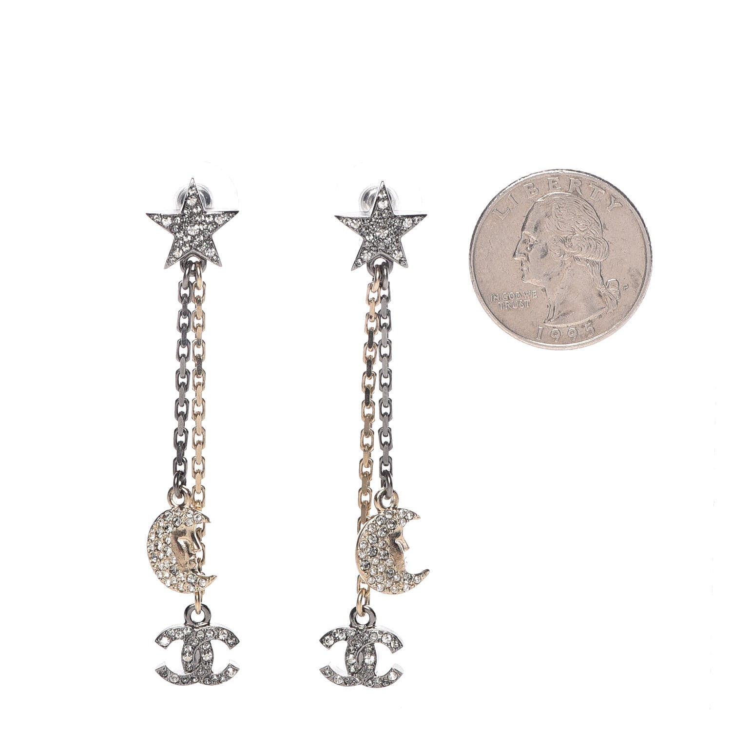 Chanel Crystal CC Star Moon Dangle Earrings Silver Gold 2 of 4