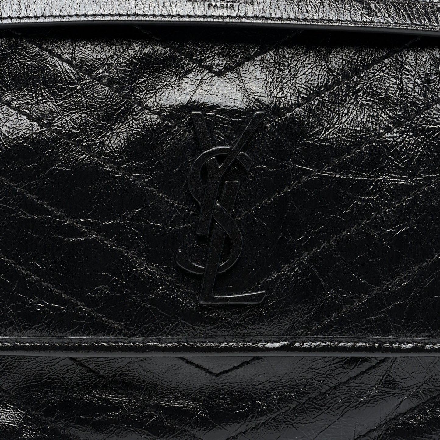 Crinkled Calfskin Matelasse Monogram Medium Niki Chain Satchel Black