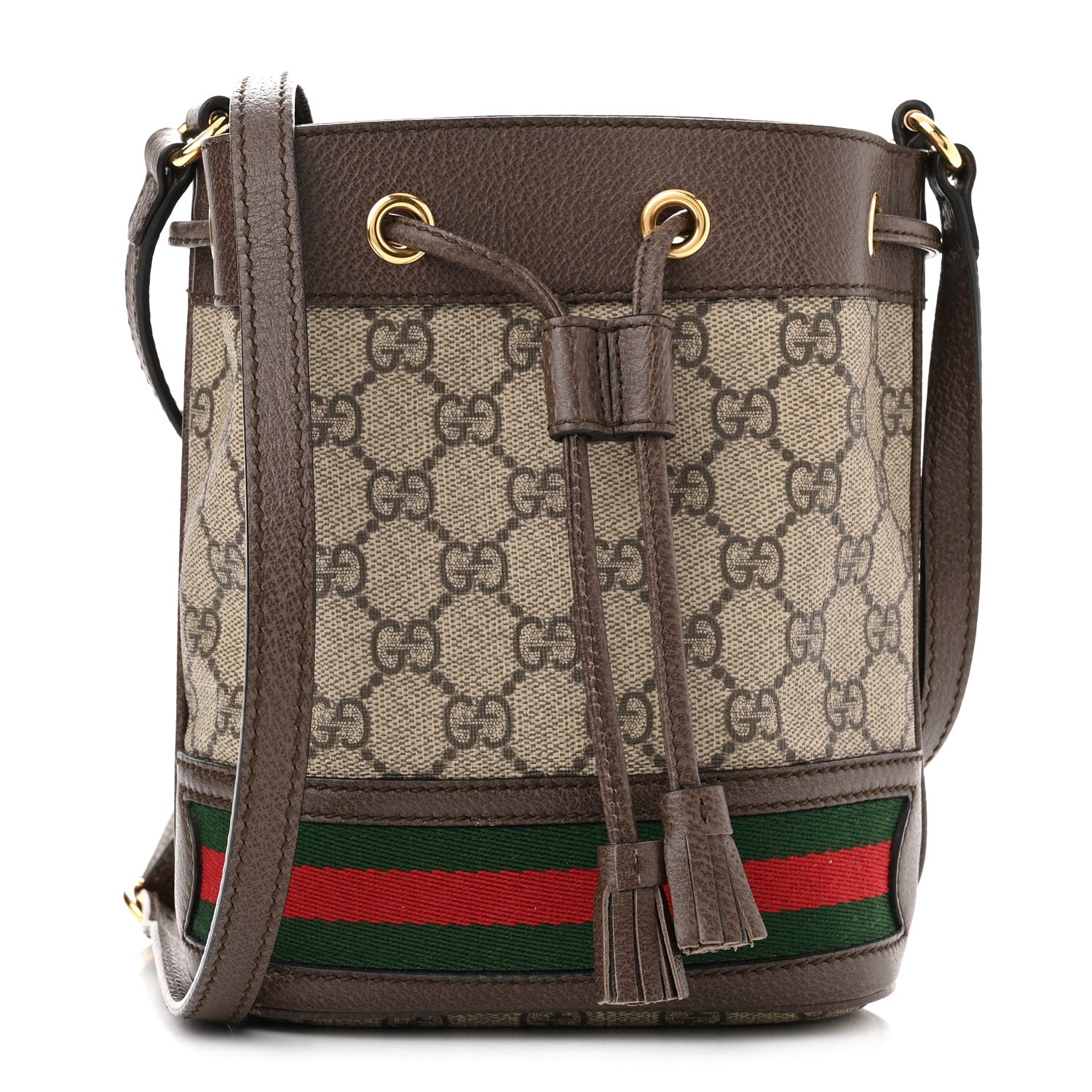 Gucci GG Supreme Monogram Web Mini Ophidia Bucket Bag Brown 1 of 10
