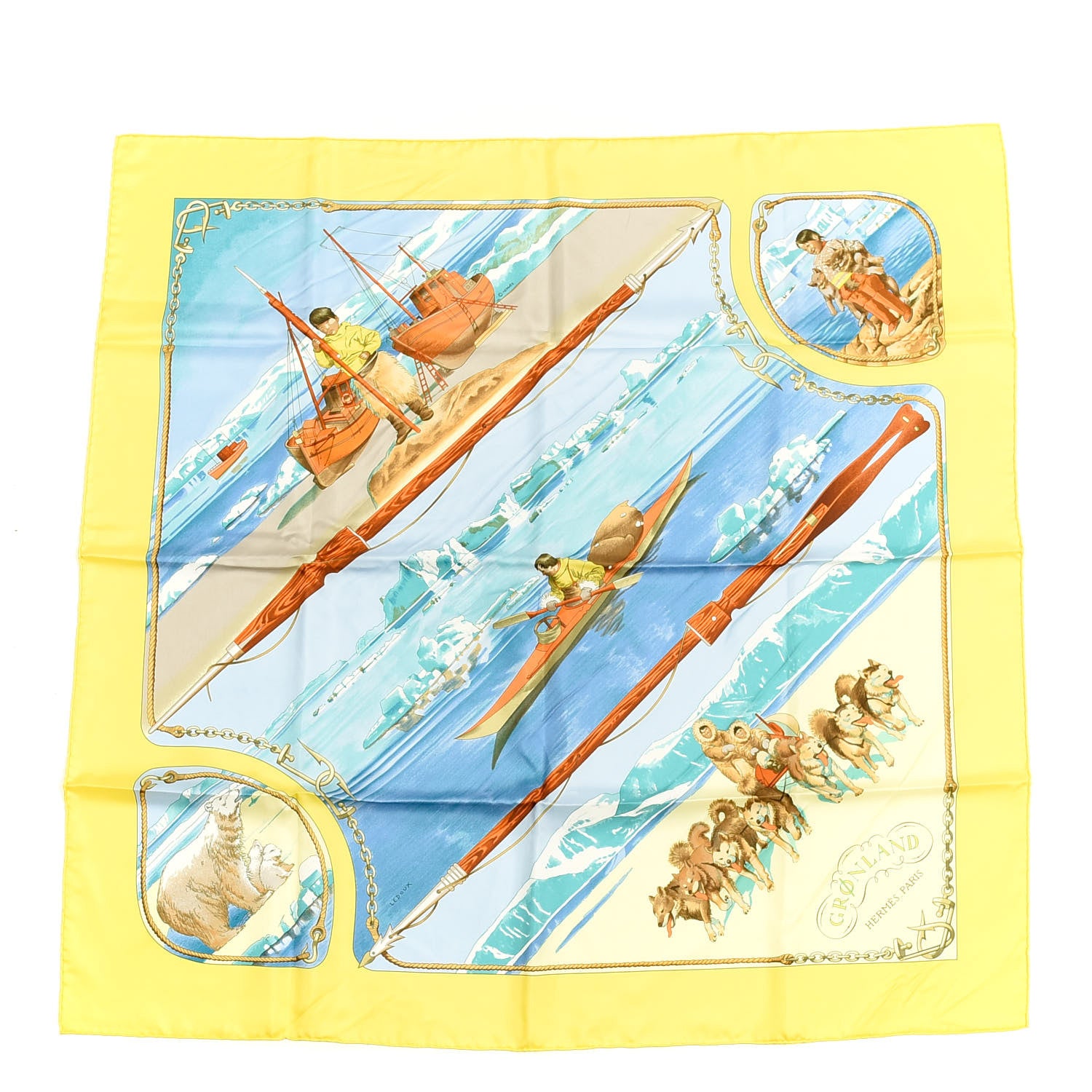 Hermes Cashmere Silk Groenland Scarf 90 Jaune Vif Bleu Glacier Vert 1 of 5