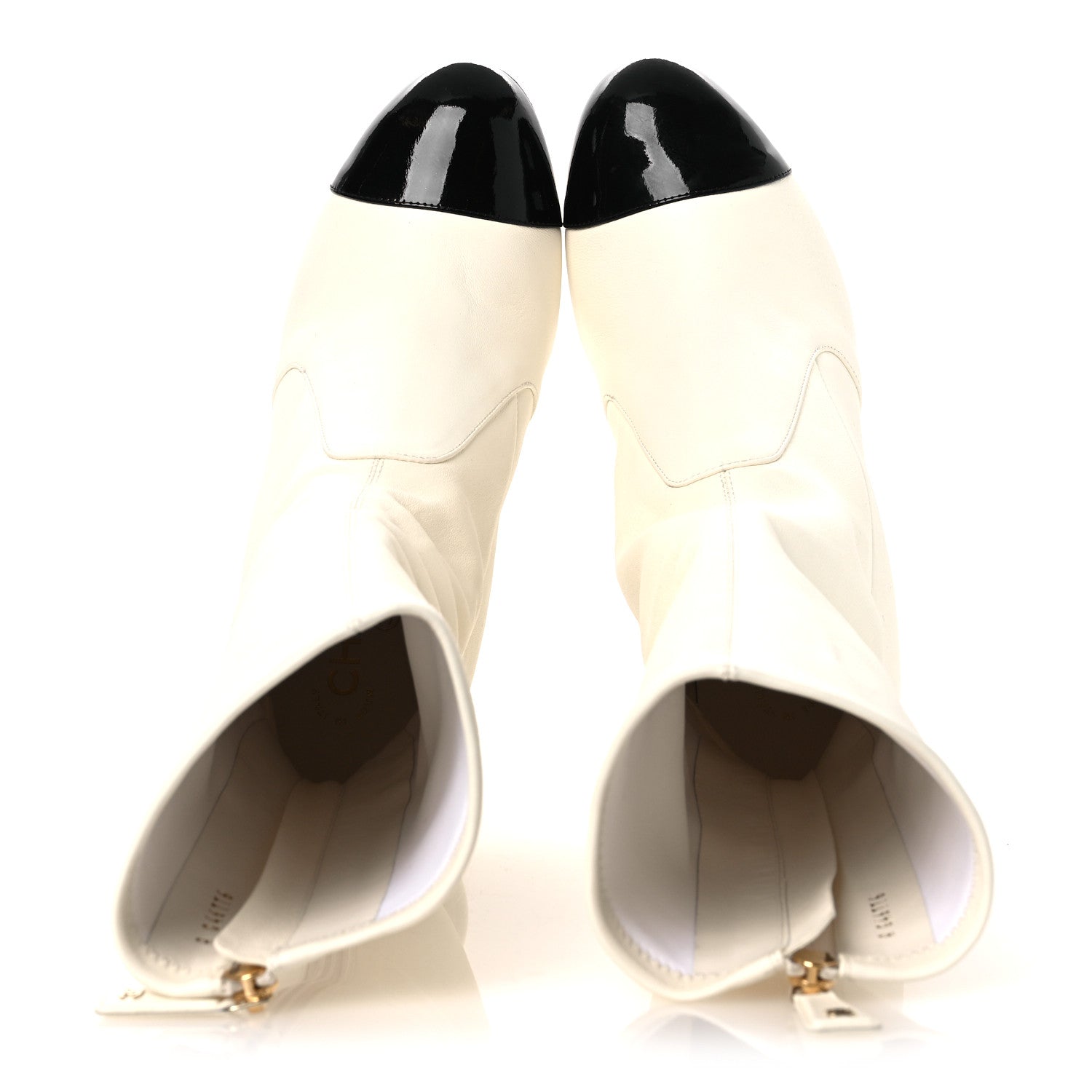 Chanel Stretch Lambskin Patent Cap Toe Pearl Ball Mid Calf Boots 39 White Black 2 of 12