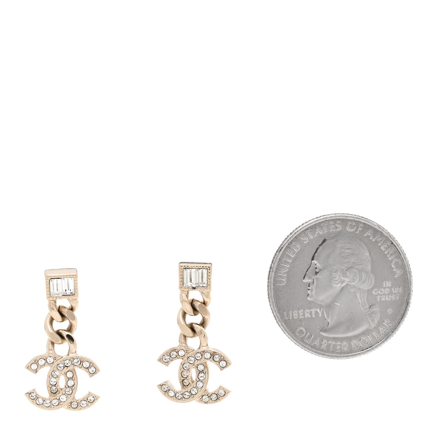 Chanel Metal Crystal Baguette CC Chain Drop Earrings Gold 2 of 4