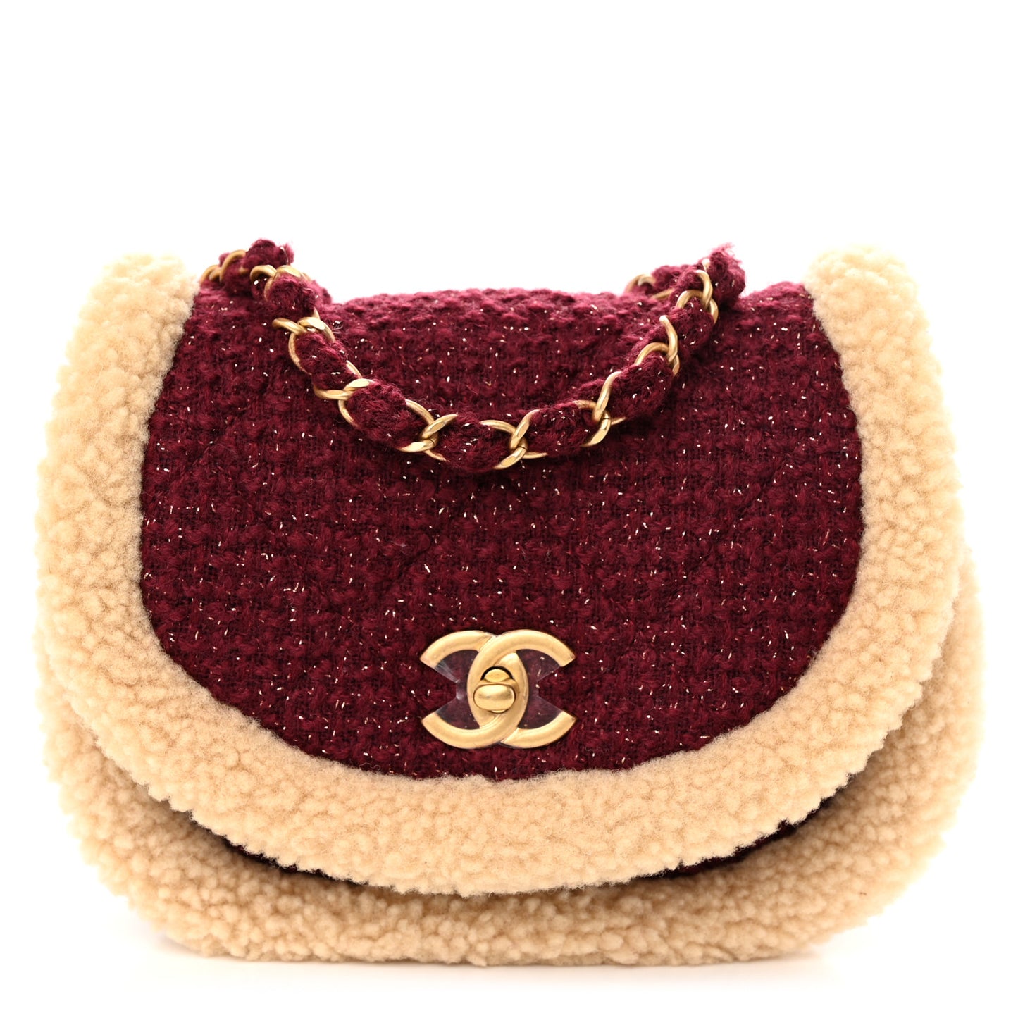 Tweed Shearling Quilted Messenger Flap Burgundy