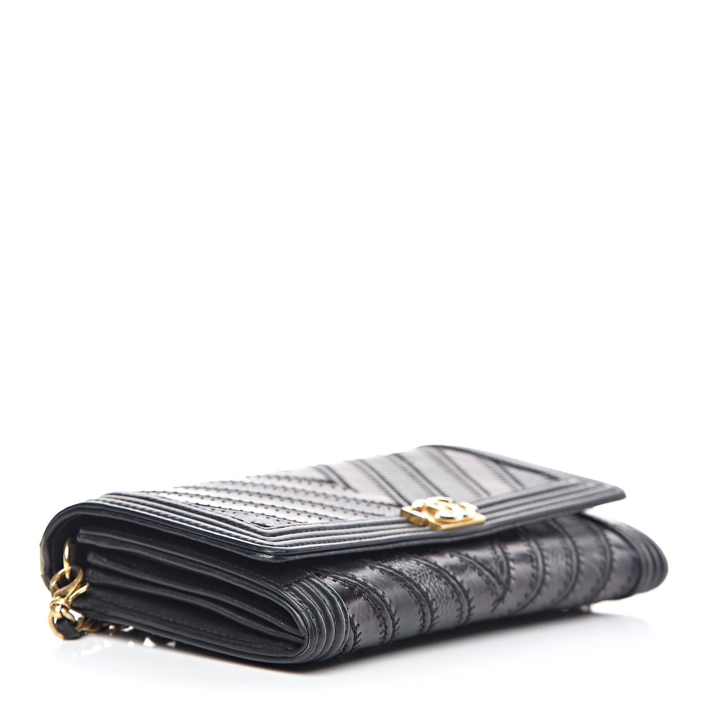 Calfskin Caviar Quilted Chevron Mixed Boy Wallet On Removable Chain Black