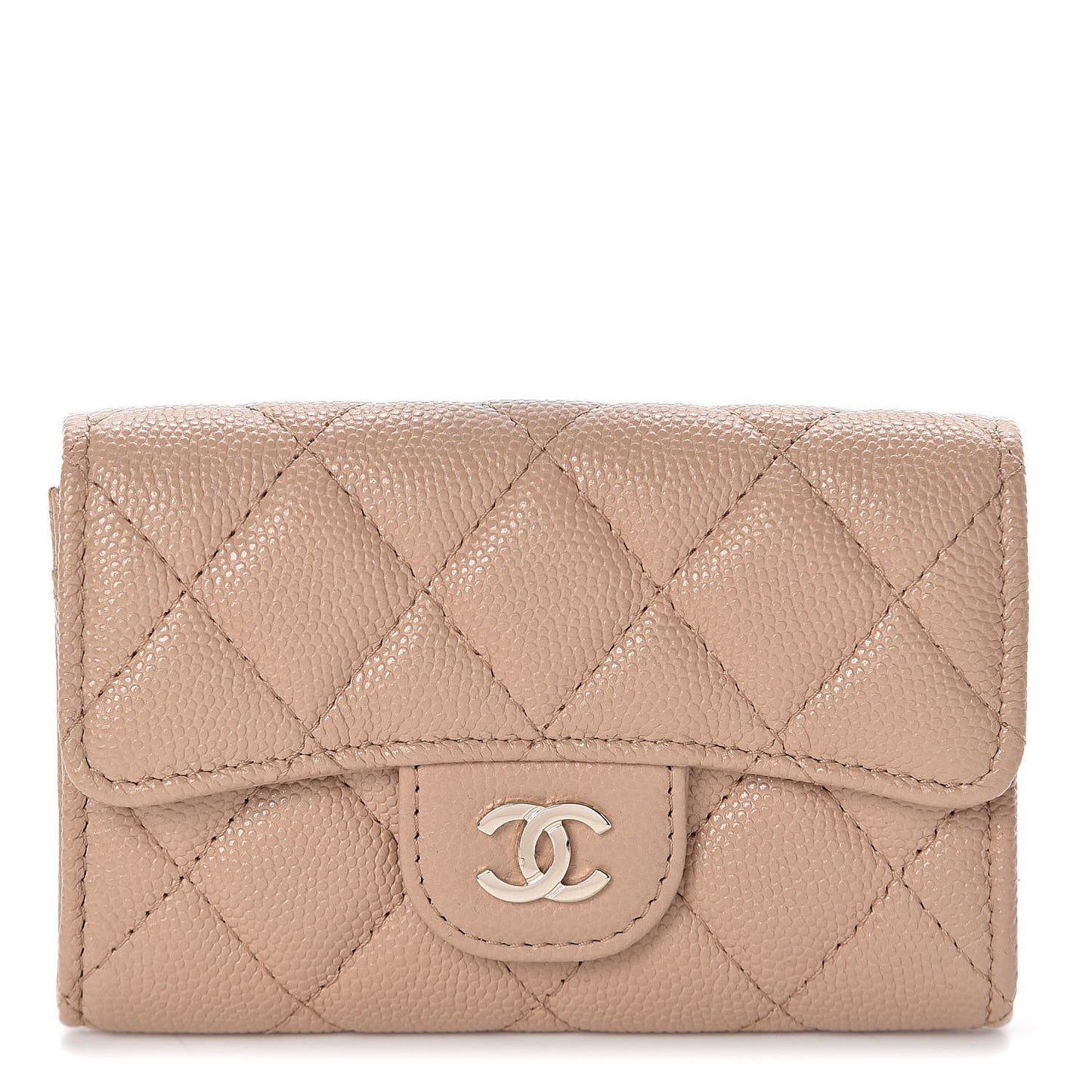 Caviar Quilted Flap Card Holder Wallet Beige