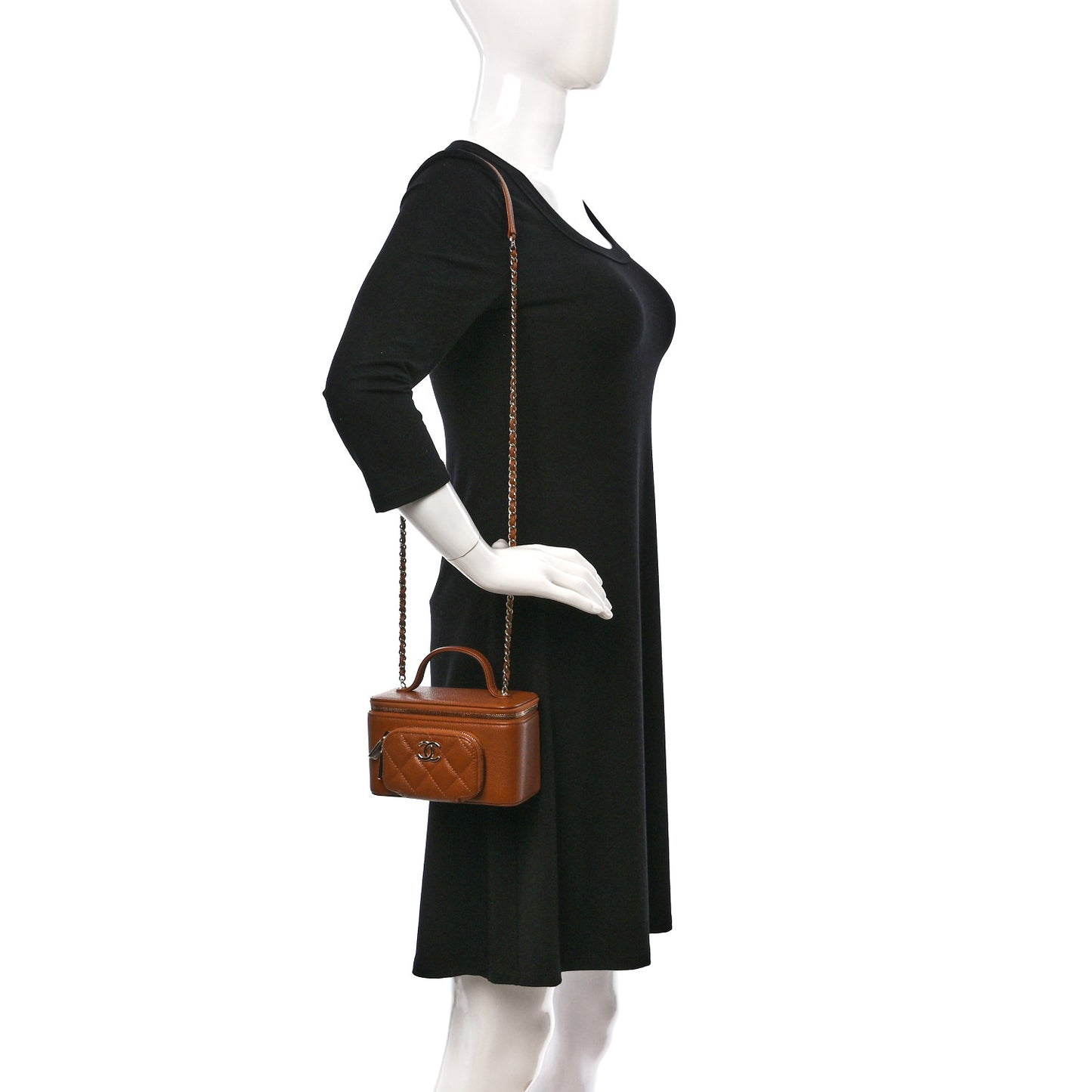 Caviar Quilted Top Handle Pocket Vanity Case Camel