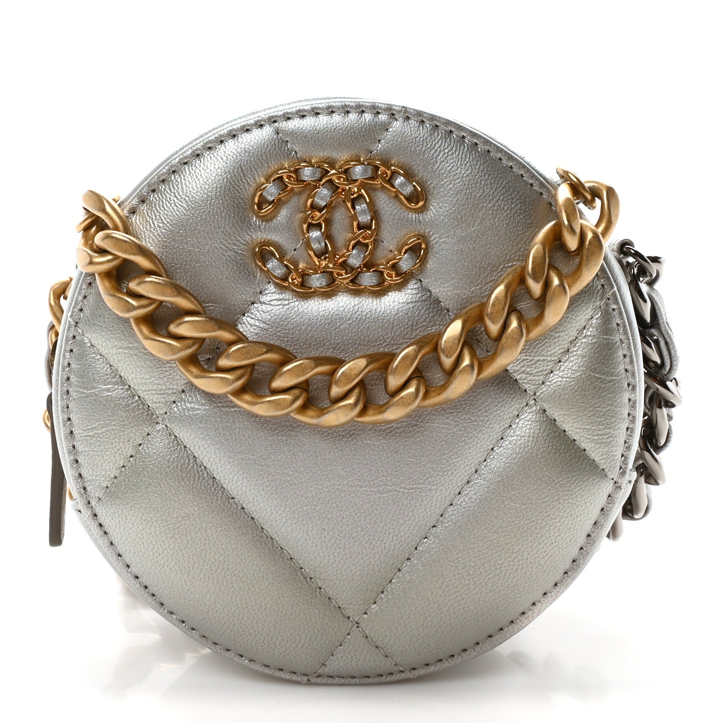 Metallic Lambskin Quilted Chanel 19 Round Clutch With Chain Silver