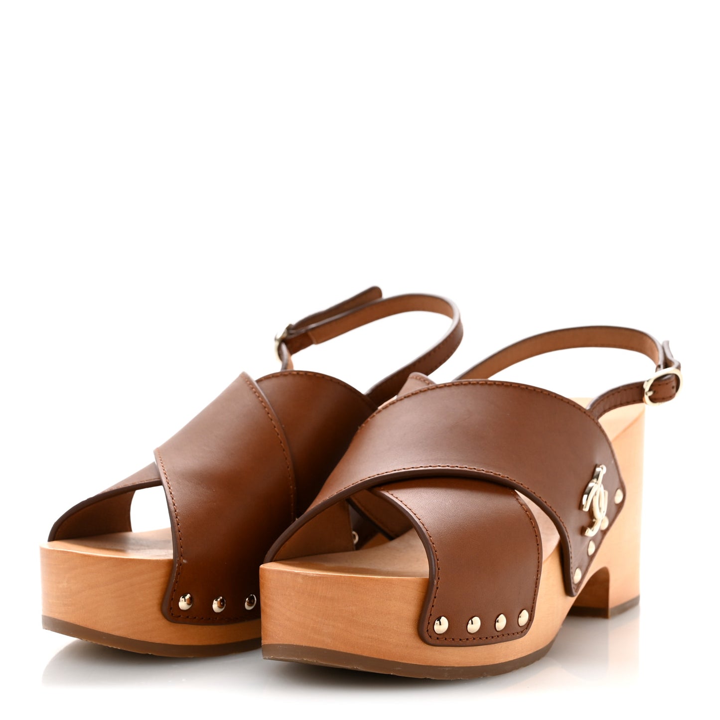 Calfskin Studded Slingback Clog Sandals 40 Dark Brown