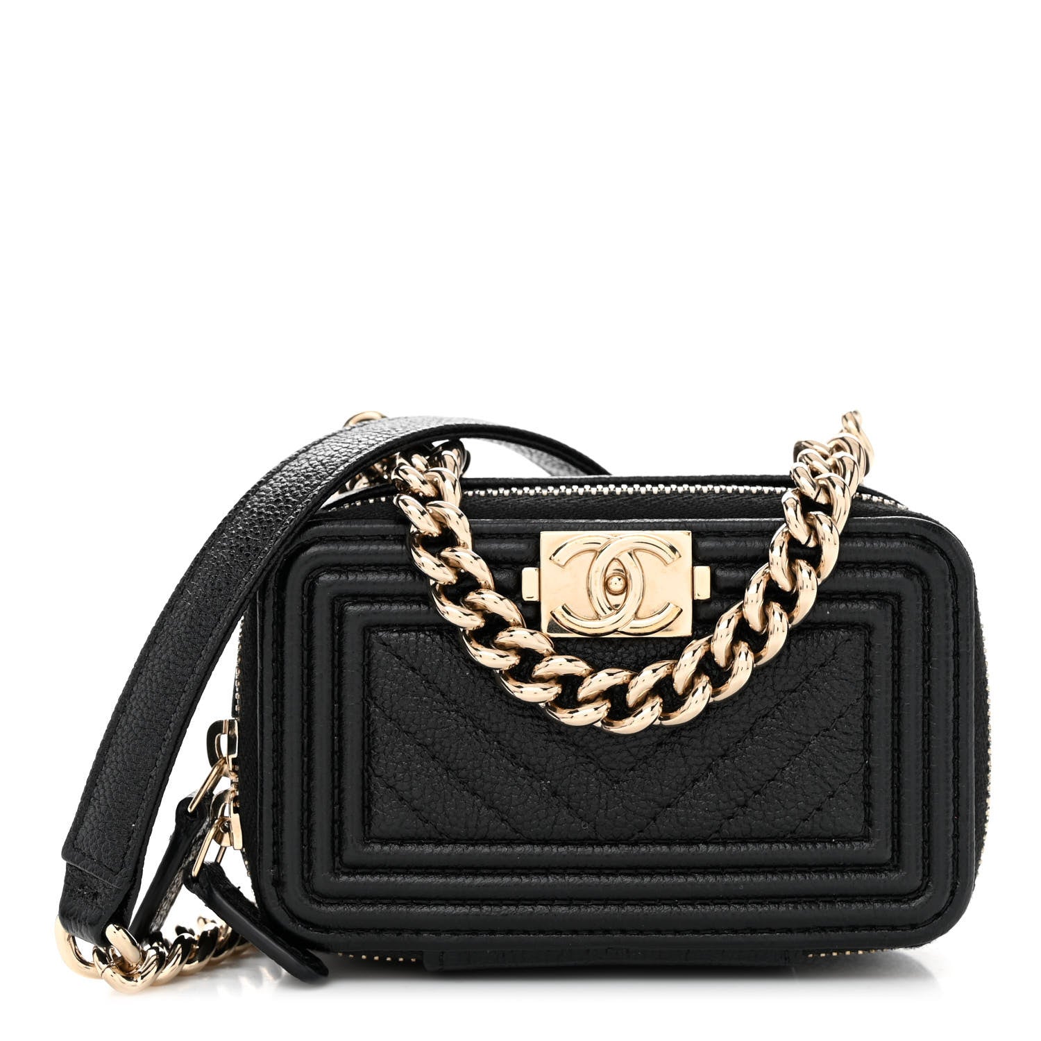 Chanel Caviar Chevron Quilted Mini Boy Clutch With Chain Black 1 of 11