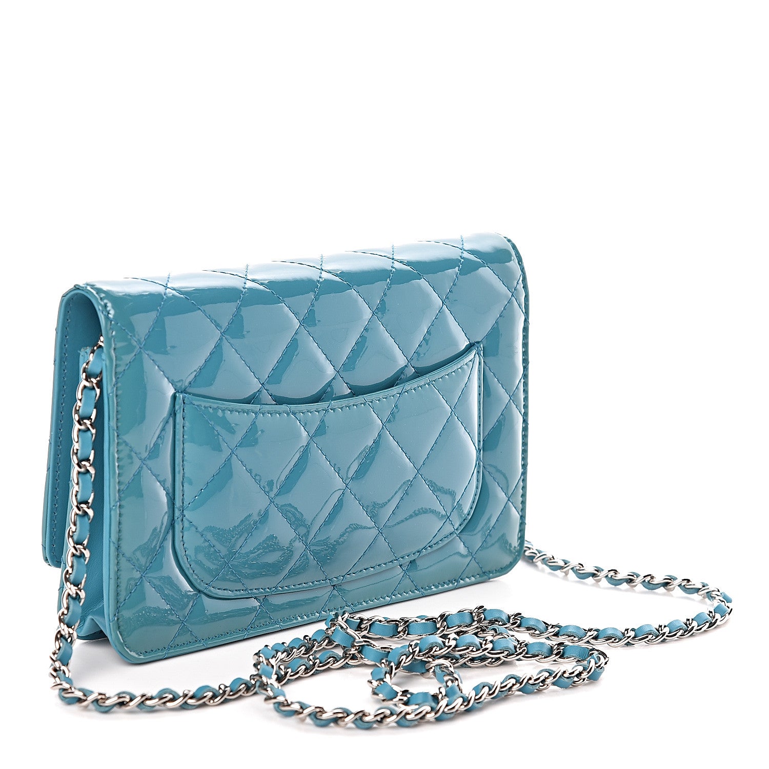 Chanel Patent Quilted Wallet On Chain WOC Turquoise Blue 3 of 11