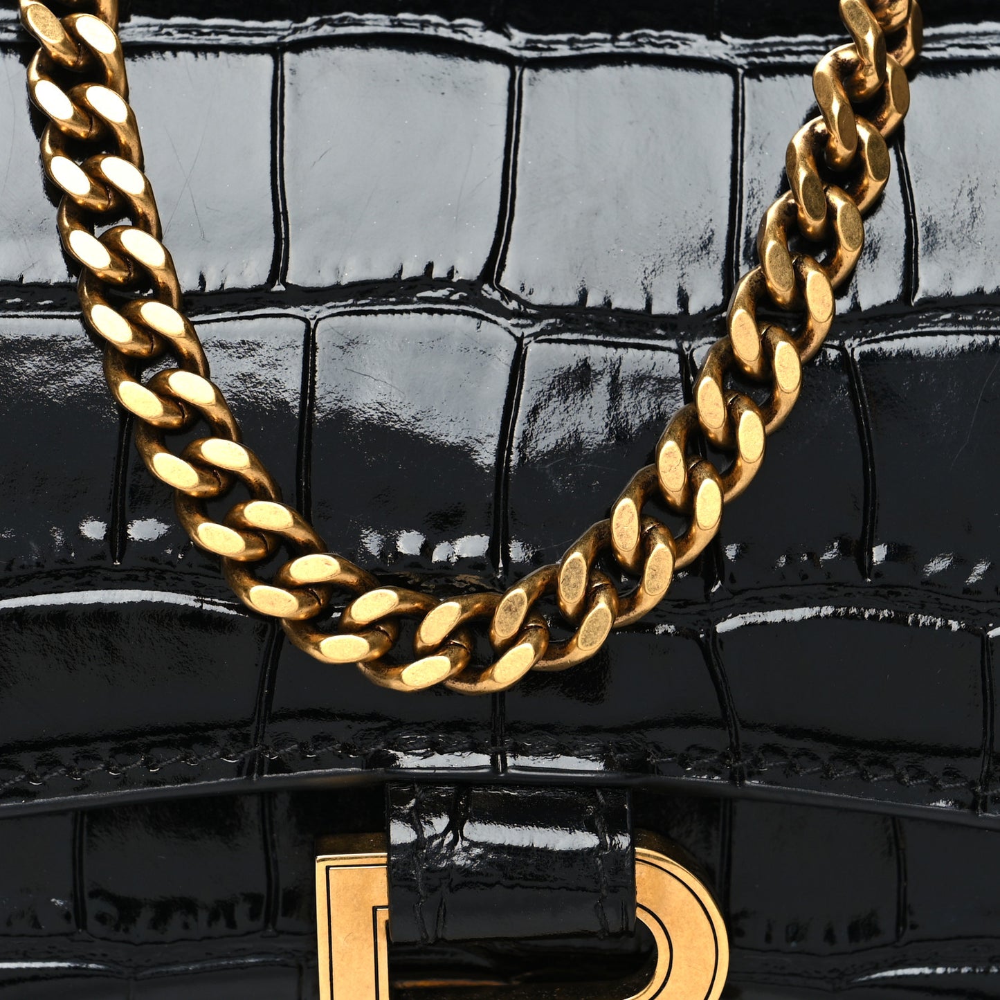 Shiny Calfskin Crocodile Embossed Hourglass Chain Bag Black