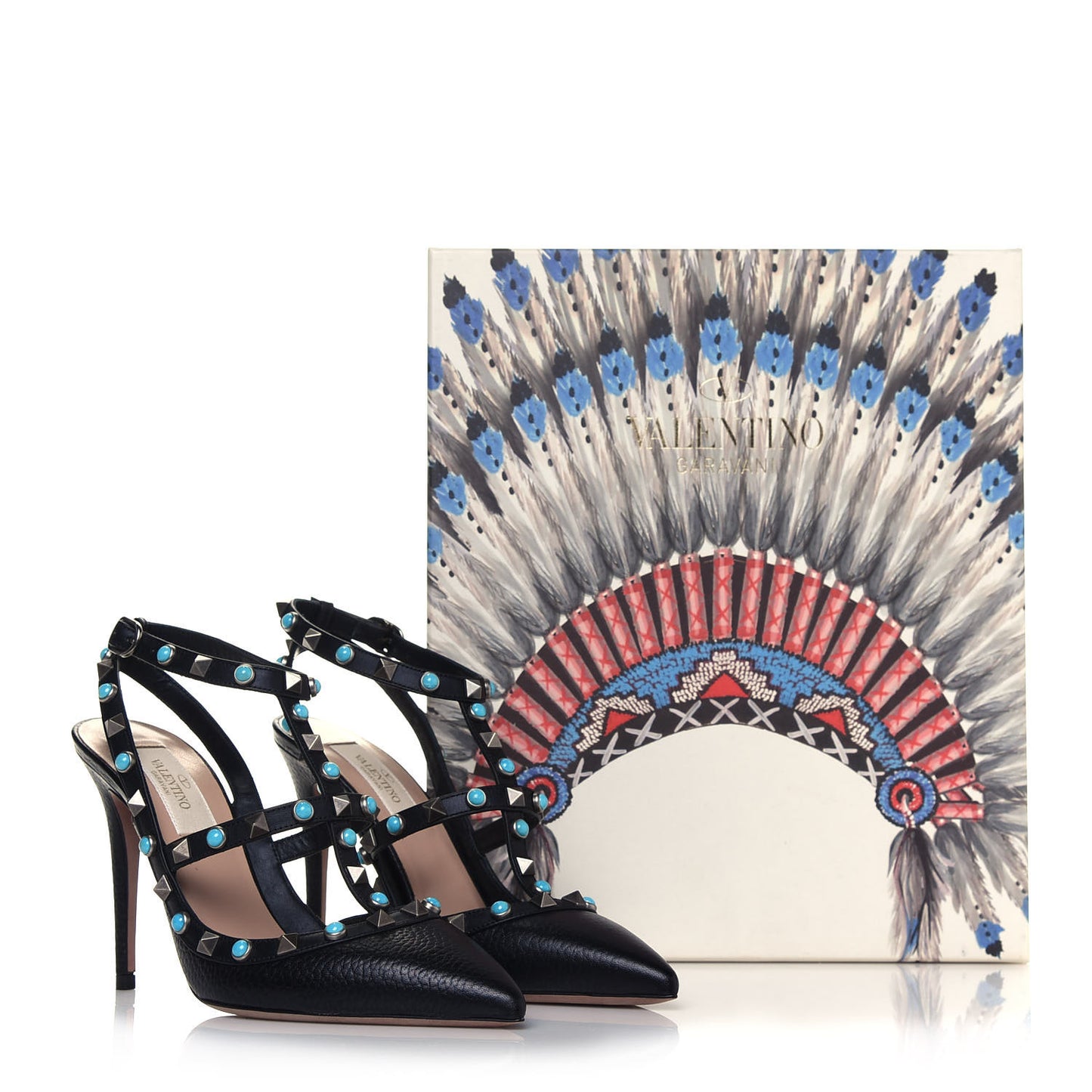 Pebbled Calfskin Turquoise Rockstud Rolling Ankle Strap 100mm Pumps 36 Black