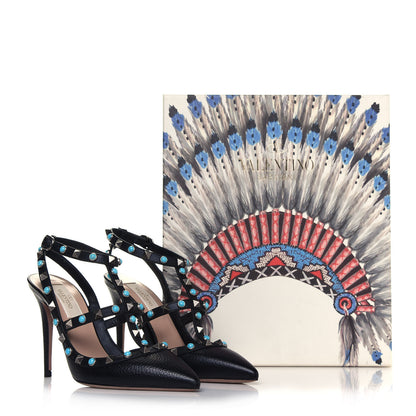 Valentino Garavani Pebbled Calfskin Turquoise Rockstud Rolling Ankle Strap 100mm Pumps 36 Black 8 of 8