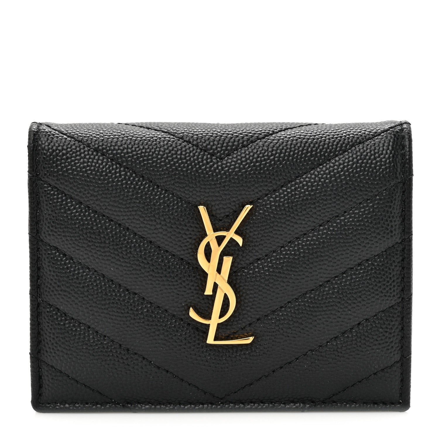 Saint Laurent Grain De Poudre Matelasse Chevron Monogram Flap Card Case Black 1 of 8