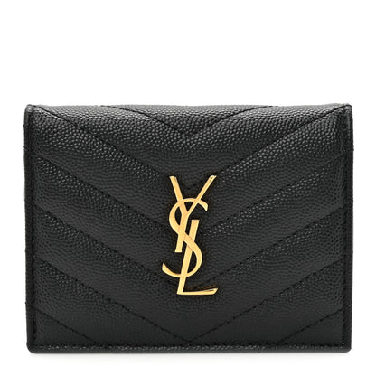 Saint Laurent Grain De Poudre Matelasse Chevron Monogram Flap Card Case Black 1 of 8